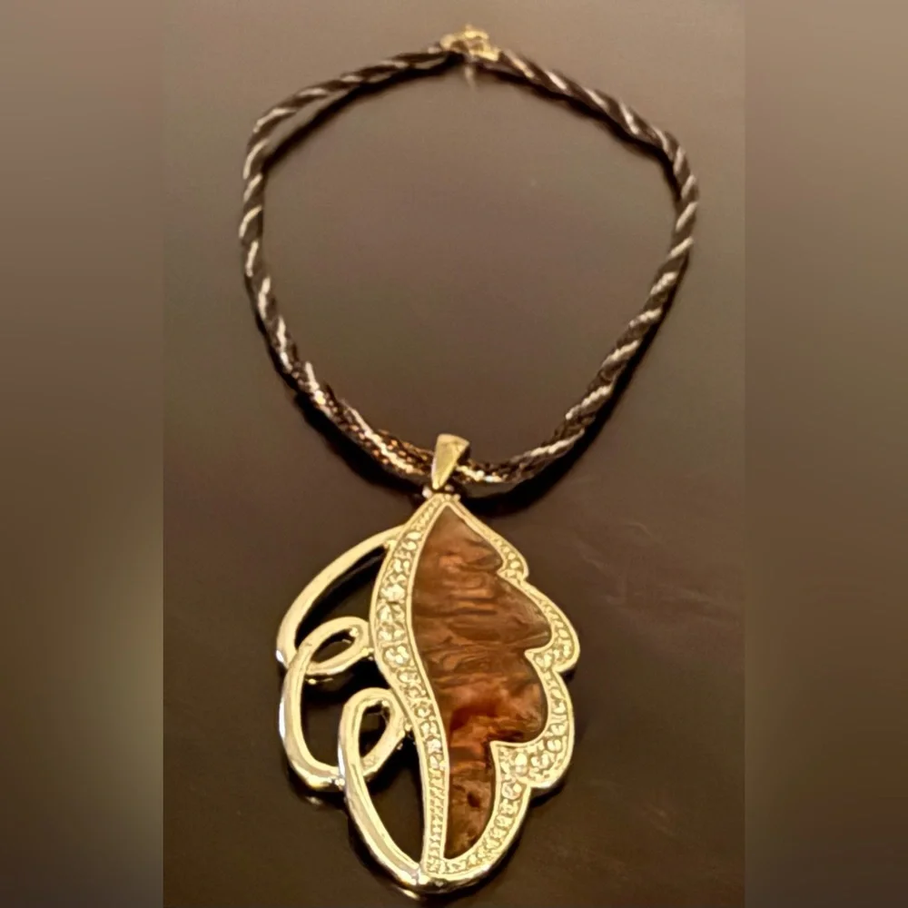 Gold Tone Amber Leaf Statement Pendant Necklace | Crystal Botanical Design